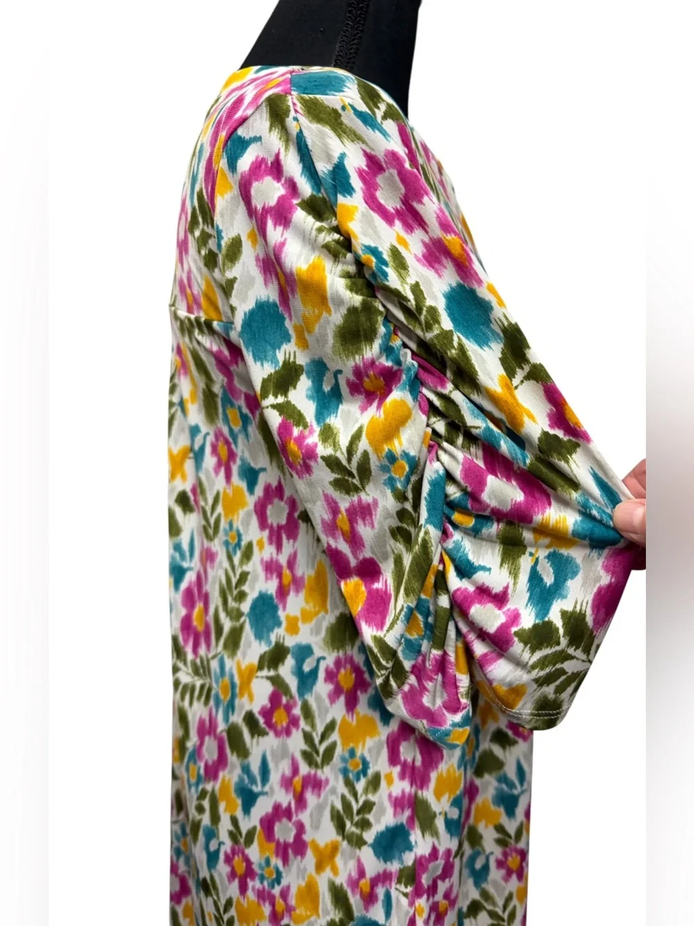 White Birch Floral Boho Tunic Top Medium Pink Teal Mustard Relaxed Fit